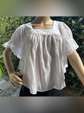 Madewell White Square-Neck Ruffle Flutter Sleeve Top